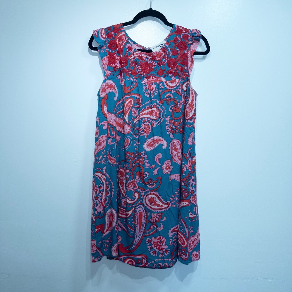 New Savanna Jane Teal Blue & Pink Paisley Embroidered Neckline Shift Dress Small